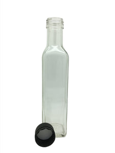 250ml Marasca Glass Bottle with 31.5mm black tamper evident lid or pourer