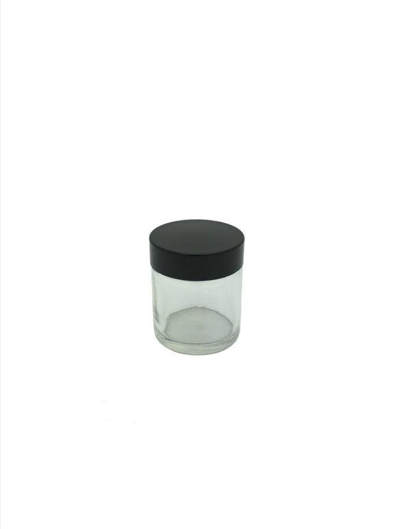 15ml clear round squat ointment jar, available with a 38mm R3 black urea wadded cap