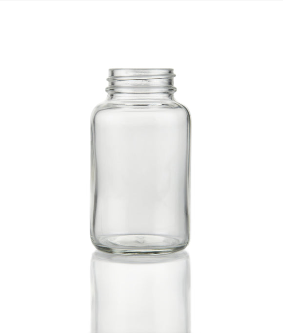 4oz clear glass powder jar with 38mm R3 black urea wadded cap