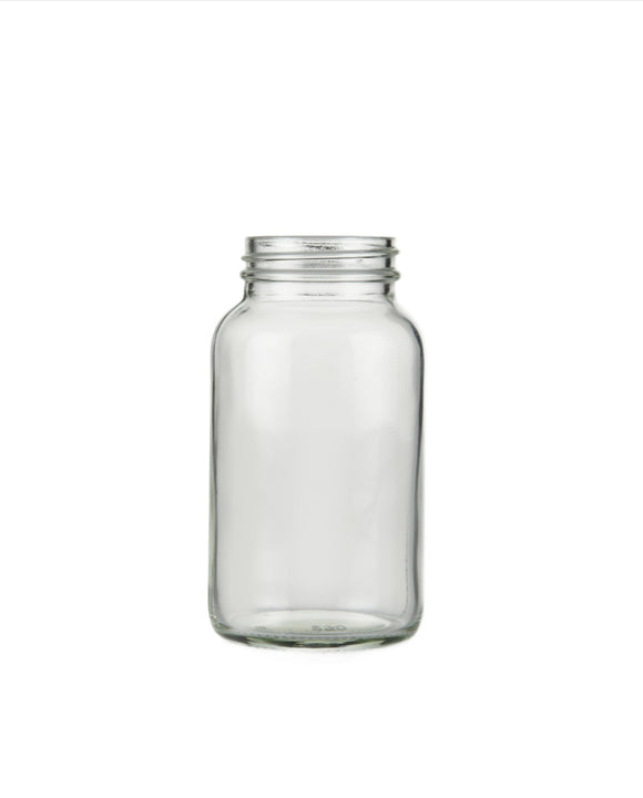 8oz clear glass powder jar with 48mm R3 black urea wadded cap