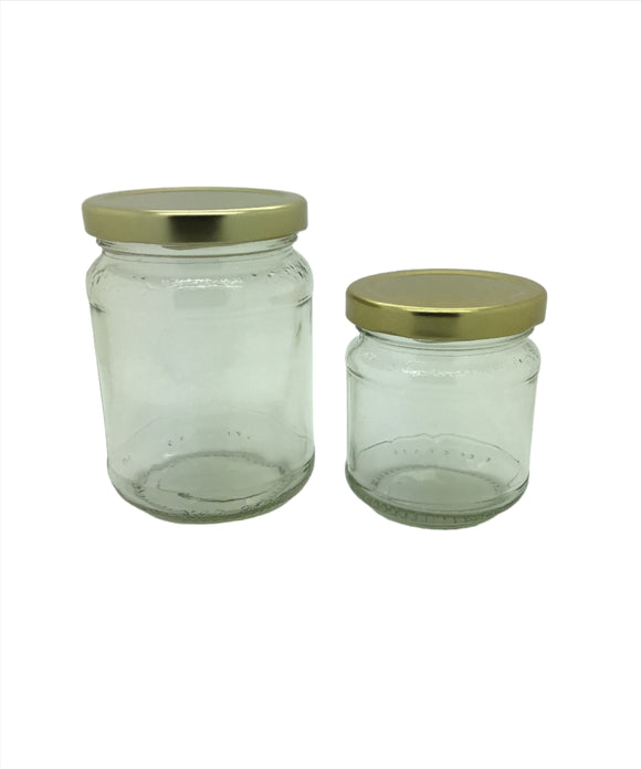 1/2lb Round Honey Jars with fancy embossed pattern to base of neck