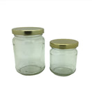 1/2lb Round Honey Jars with fancy embossed pattern to base of neck