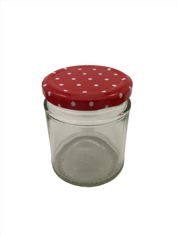 7oz (190ml) Panelled Round Glass Jam Jar with 63mm red spotty twist lid