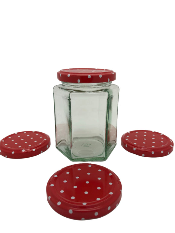 12oz (280ml) Hexagonal Glass Jam Jar with 63mm red spotty twist lid
